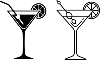 Martini cocktail icon set with silhouette