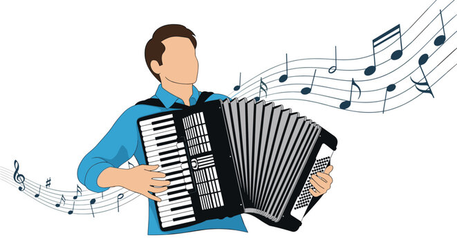 Talented musician playing a large black piano accordion with flowing musical notes and symbols in the background on a clean white space.