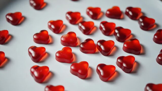 Close up of red heart shaped gummy candies creating a sweet pattern on a white surface. Romantic background concept for valentine's day or a special celebration with jelly treats