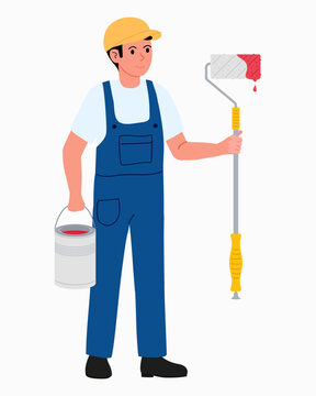 Painter. Man in overalls yellow baseball cap stands with paint roller on long handle and can of paint. House painter's job.