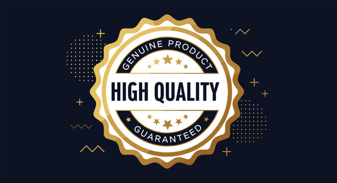 Premium high quality genuine product guaranteed golden seal emblem with stars and decorative elements on a dark navy blue background.