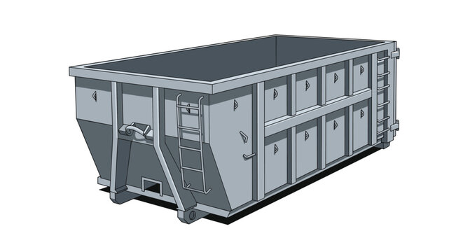 Perspective view of a large grey industrial metal roll-off dumpster bin for waste management and construction debris removal.