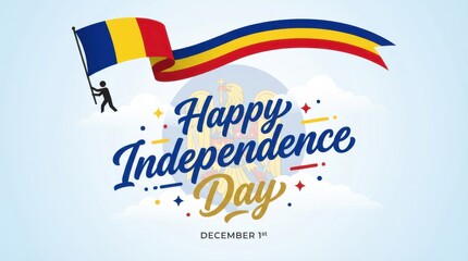 romania flag for independence day on white background with waving ribbon flag and date