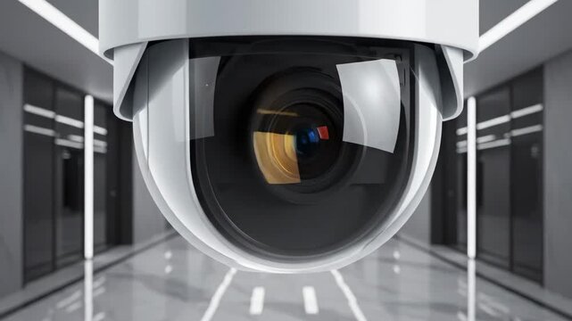 Modern White Security Camera Mounted On Ceiling Overlooking Hallway With Reflective Floor
