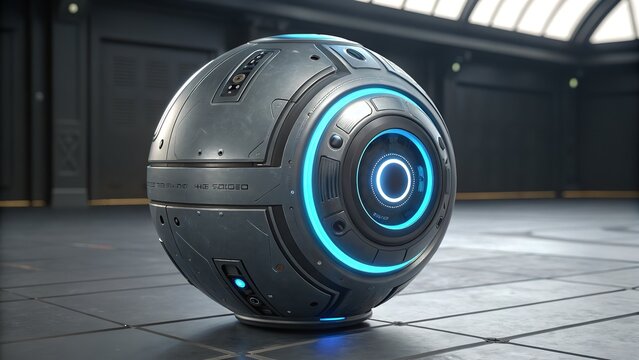 Futuristic metallic sphere robot with bright blue glowing lights