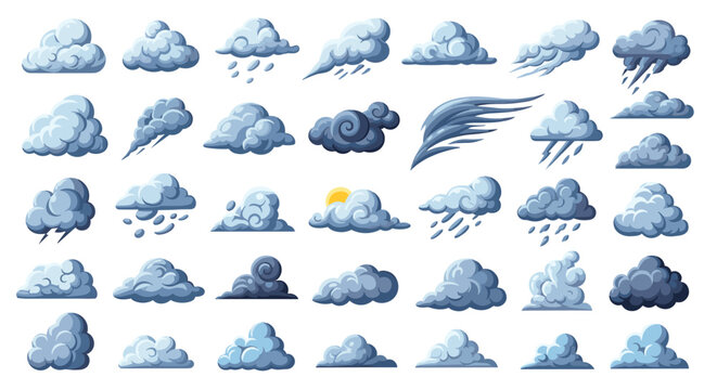 Extensive collection of various cloud types and weather conditions including rain clouds stormy clouds and sunny days on white.