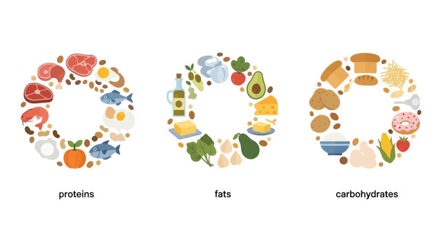 Healthy Food Groups Circle Icons: Proteins, Fats, Carbohydrates
