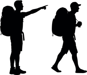 Hikers with Backpacks Walking and Pointing Silhouette