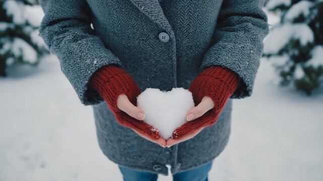 Female hands in warm red mittens carefully holding a heart shaped from pure white snow. A romantic winter season concept for valentine's day or a declaration of love