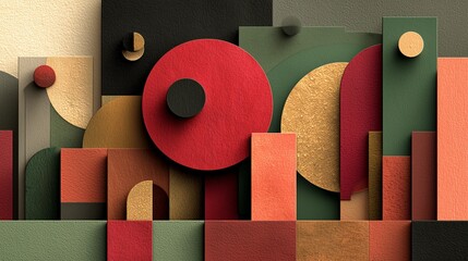 Abstract composition of textured geometric shapes, including large red circles, rectangles, and half-circles, arranged in a vibrant layered pattern creating a modern, tactile design.