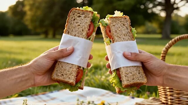 Two people holding up freshly made sandwiches wrapped in paper, ready to eat during a sunny outdoor picnic in a green park.