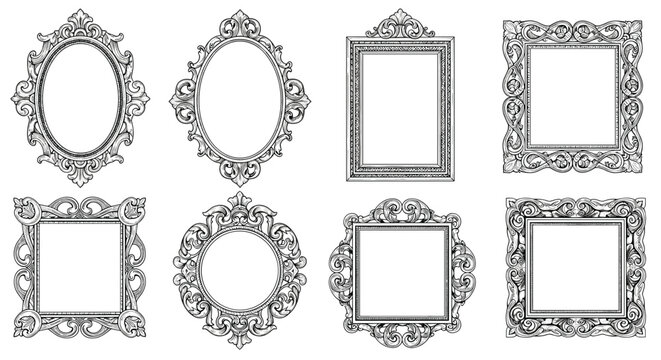 Ornate vintage picture frames with intricate carvings in various shapes like oval and rectangle for classic home decor and art displays.