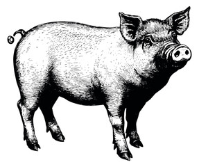Fototapeta premium Hand drawn line art illustration of a pig depicting it standing for farm and food industry designs