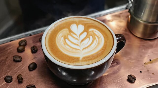 Freshly brewed cappuccino with beautiful rosetta latte art design. Steaming hot coffee cup on a copper surface with roasted beans for a cafe or coffee shop advertisement