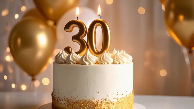  Elegant birthday cake with number thirty candle, golden balloons, and warm lights, celebrating a 30th birthday milestone in a stylish, festive party atmosphere.