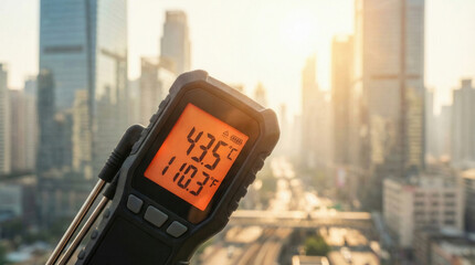 Digital infrared thermometer displaying high temperature over city skyline at sunset