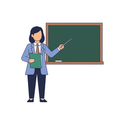 A female teacher stands confidently in front of a blackboard holding a pointer and a folder.