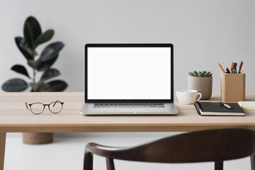 Laptop computer with empty blank mockup screen over modern living room design. Advertisement, e-learning, shopping online, web site design, technology concept