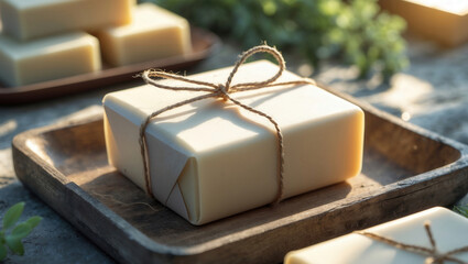 Handmade natural soap bar wrapped with twine on a wooden tray, surrounded by greenery in soft sunlight