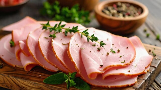 Sliced cooked ham served on wooden board with herbs and spices, representing deli meat, traditional cuisine, and fresh protein-rich food presentation.