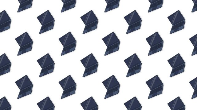A clean, looping motion graphic showing a grid of laptops. This high-quality 2D animation represents global connectivity, computer science, and the modern era of portable digital workspaces.