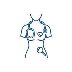 Fototapeta premium Female Doctor with Stethoscope Examining Breast Cancer on White Background, Line Art Illustration