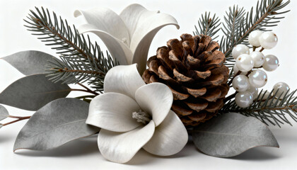 Elegant winter floral arrangement with white flowers, pinecone, evergreen branches, and pearl-like berries on white background