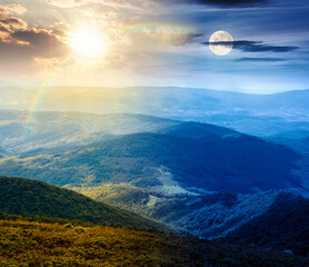 mountain landscape with rolling hills. day and night time change concept. summer countryside scenery with view in to valley and forested slopes with sun and moon. duality and transition template