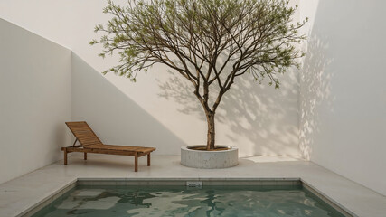Minimalist outdoor patio with a small pool, wooden lounge chair, and potted tree in a serene setting