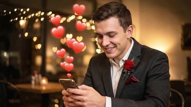 Man smiling while scrolling smartphone as animated red heart icons appear during romantic moment in restaurant representing virtual love long distance relationship and valentines day