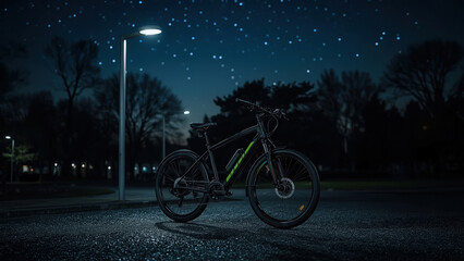 Modern electric bicycle parked under streetlight at night with starry sky in the background