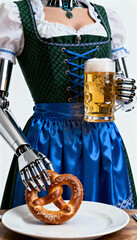 Robot in traditional Bavarian dirndl holding a beer mug and pretzel on a plate, representing  celebration