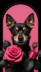 Portrait of a small black and tan dog with pink roses on a vibrant pink background framed by an arched design