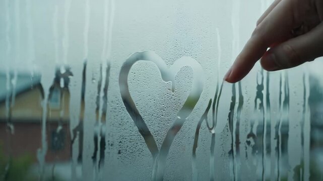 Sequence of a person's finger drawing a love heart symbol on a steamy window. A romantic and sentimental gesture on a condensed glass pane with water droplets
