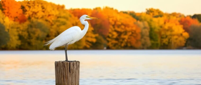 white egret bird stands on  weathered wooden post beside water with autumn trees