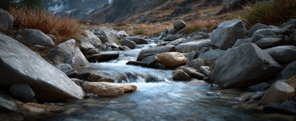 A mountain stream dances over smooth rocks like a playful child in a wild playground.