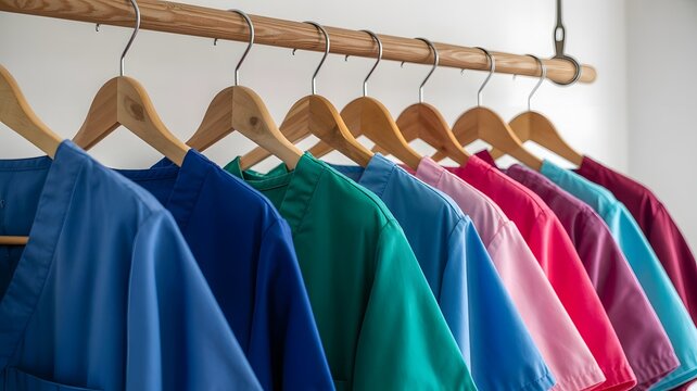 Colorful scrubs hanging on wooden hangers symbolizing healthcare and medical professionals