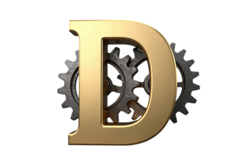 Golden letter D with metallic gears inside