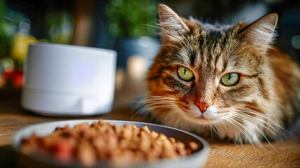 Smart automatic pet feeder dispensing food while a cat eats, representing modern pet care, smart home technology, and animal nutrition