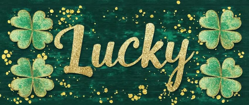Gold glitter word Lucky surrounded by four leaf clovers on  deep green textured surface