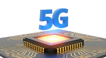 5g technology concept with glowing microchip and circuit board closeup
