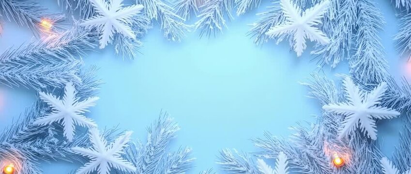 Frosty pine branches and white decorative snowflakes frame  light blue winter holiday border
