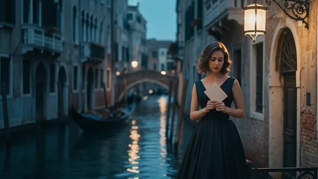 Elegant woman standing alone by a Venice canal at night, wearing vintage dress, evoking nostalgia, romance, and cinematic atmosphere in a historic Italian setting.
