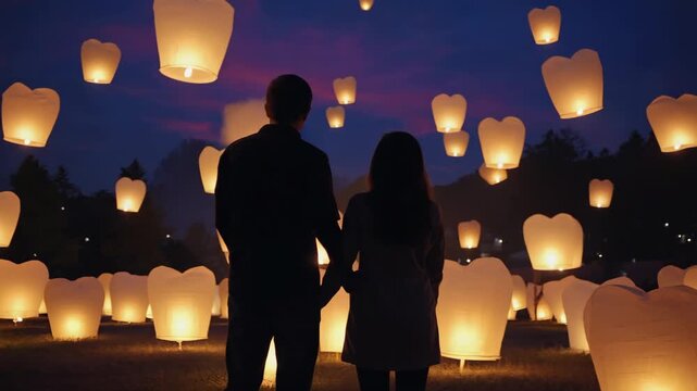 Silhouette of a romantic couple holding hands at a lantern festival. People watching hundreds of heart shaped sky lanterns floating into the twilight sky during a celebration