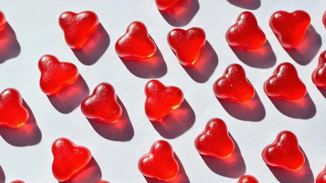 Red heart shaped gummy sweets creating a seamless pattern on a clean white surface. Minimalist confectionery background for valentine's day or dietary supplement advertising