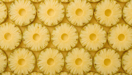 Uniform pattern of sliced pineapple rings suitable for tropical themed designs like packaging, backgrounds, decorations, or food related content. Vibrant and eye catching.