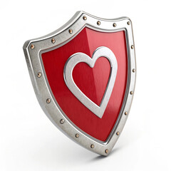 Red shield with a silver heart emblem, symbolizing protection and love