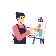 Artist painting on canvas with palette and brush.