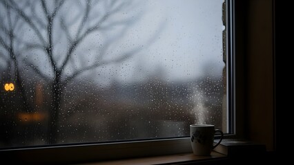 Steaming mug beside window rain drops