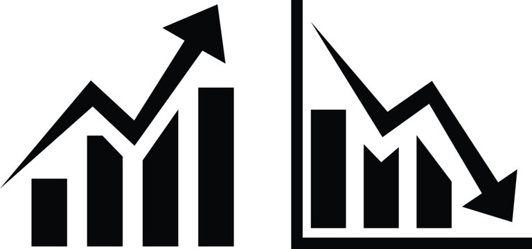 Black bar graph showing upward and downward trends with arrows bar chart up arrow